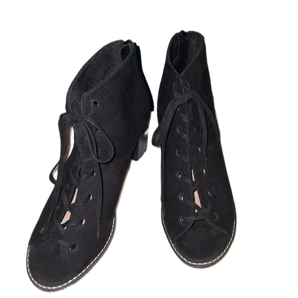 Old Navy Black Faux Suede Lace-Up Open-Toe Booties | Back Zip | 3” Heel | Size 8